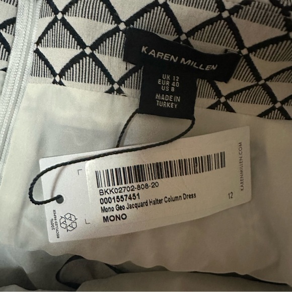 Karen‎ Millen Geometric Jacquard Halter Maxi Dress 8 Black White Cut Out Column - Picture 12 of 15